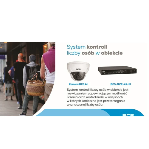 System kontroli dostępu BCS z monitorem wyświetlającym liczbę osób w pomieszczeniu. Obok monitora znajduje się kamera oraz inne elementy systemu.