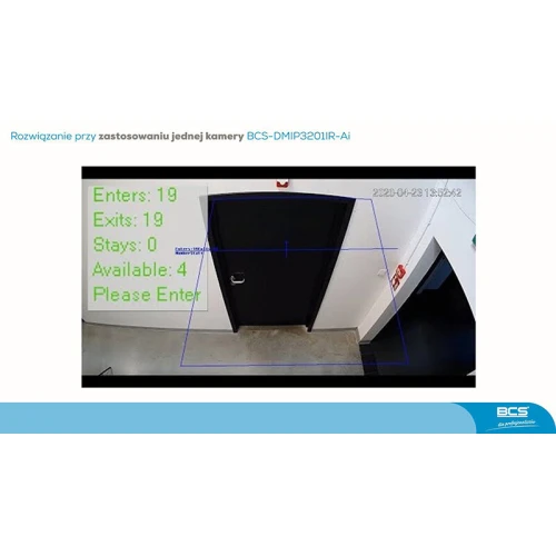 System kontroli dostępu z kamerą i ekranem do liczenia osób. Urządzenie zamontowane na ścianie w pomieszczeniu.