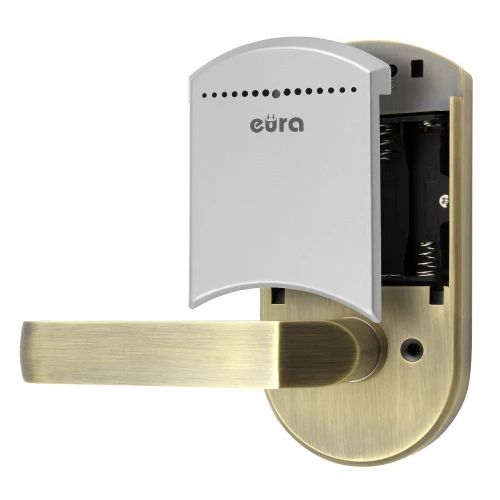 Na zdjęciu znajduje się elektroniczny szyld z kontrolą dostępu marki Eura, w kolorze srebrnym i złotym. Produkt posiada klamkę oraz miejsce na baterie, widoczne po zdjęciu osłony.