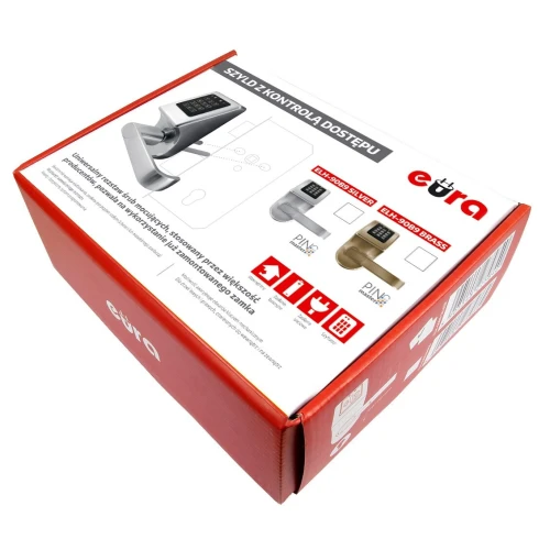 Na zdjęciu znajduje się pudełko z szyldem do kontroli dostępu marki Eura, prezentujące model z klawiaturą numeryczną. Opakowanie jest czerwone z białymi elementami graficznymi i zawiera informacje o produkcie oraz jego funkcjach.