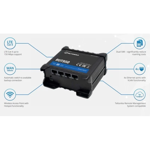 Teltonika RUT950 | Profesionálny priemyselný router 4G LTE | Cat.4, WiFi, Dual Sim, 1x WAN, 3X LAN, RUT950 U022C0