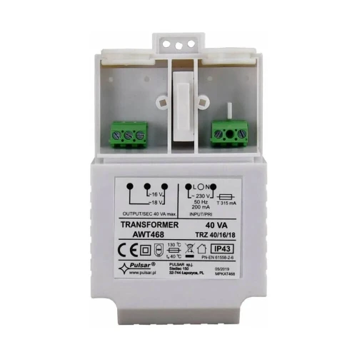 Transformator AWT468 TRZ 40VA z białą obudową, posiada dwa zielone złącza i przełącznik na górze. Na przedniej części widoczne są specyfikacje techniczne oraz logo producenta.
