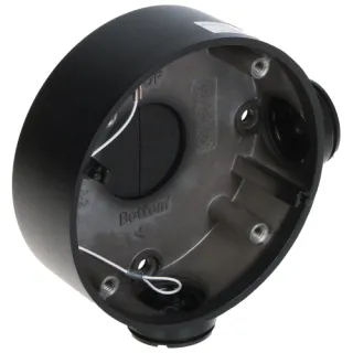 Czarny uchwyt kamery Hikvision DS-1260ZJ z widocznymi otworami montażowymi i przewodami wewnętrznymi. Uchwyt ma okrągły kształt i metaliczną powierzchnię wewnętrzną.