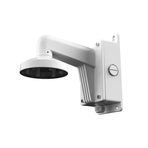 Uchwyt kamery Hikvision DS-1273ZJ-140B w kolorze białym, przeznaczony do montażu na ścianie. Posiada solidną konstrukcję z miejscem na kamerę u góry.