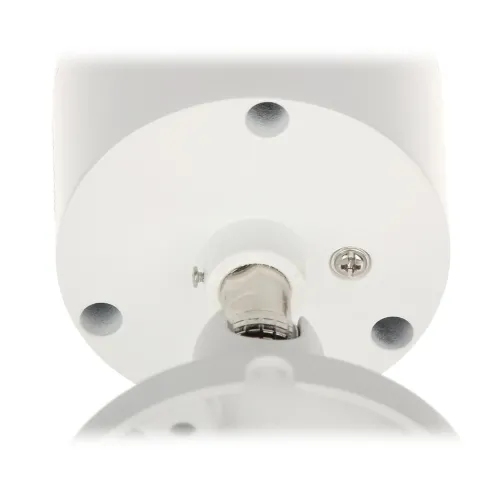 Zdjęcie przedstawia biały element montażowy z metalowym złączem i widoczną śrubą. W tle widać cztery otwory montażowe rozmieszczone symetrycznie.