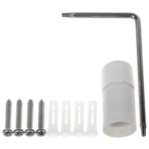 Na zdjęciu znajduje się zestaw montażowy składający się z klucza imbusowego, czterech wkrętów, czterech kołków rozporowych i białego elementu cylindrycznego. Wszystkie elementy są ułożone na białym tle.
