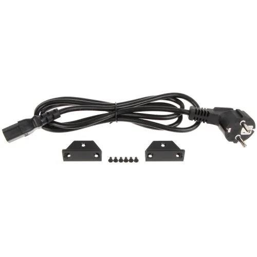 Na zdjęciu znajduje się czarny kabel zasilający z wtyczką oraz zestaw montażowy składający się z dwóch metalowych uchwytów i sześciu śrubek. Kabel jest zwinięty, a wszystkie elementy są ułożone na białym tle.