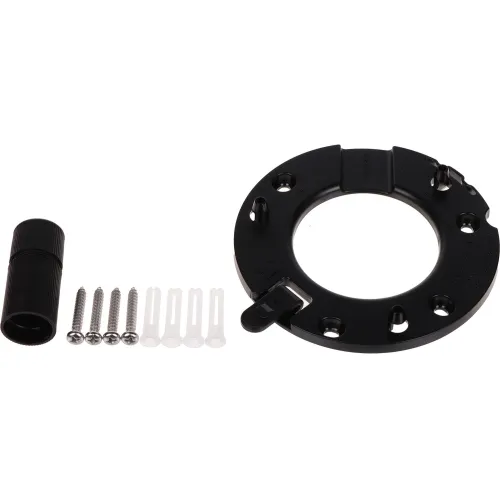 Na zdjęciu znajduje się czarny, okrągły uchwyt montażowy z kilkoma otworami oraz zestawem akcesoriów, w tym czterema śrubami, czterema kołkami rozporowymi i czarną tuleją. Elementy są ułożone na białym tle, co podkreśla ich kształt i detale.