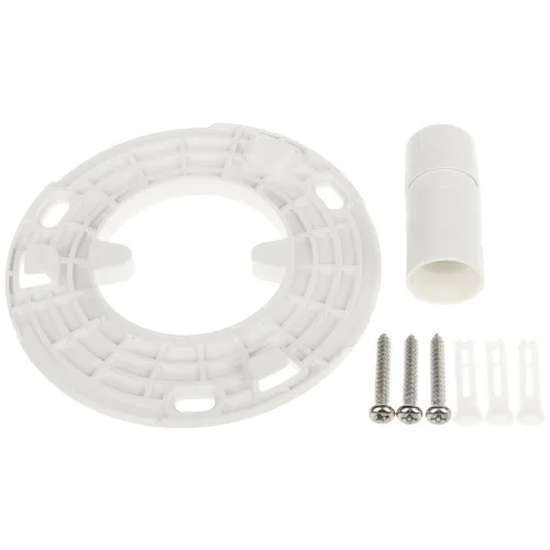 Na zdjęciu znajduje się biały, okrągły uchwyt montażowy z tworzywa sztucznego, obok którego leży biały cylinder oraz cztery metalowe śruby z kołkami rozporowymi. Elementy te są przeznaczone do montażu na ścianie.