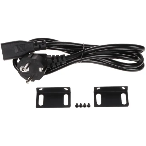 Na zdjęciu znajduje się czarny kabel zasilający z wtyczką oraz dwie czarne metalowe uchwyty montażowe z czterema śrubkami. Elementy te są ułożone na białym tle.