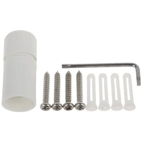 Zestaw montażowy składający się z białej tulei, czterech metalowych wkrętów, czterech plastikowych kołków rozporowych oraz klucza imbusowego. Elementy są ułożone na białym tle.