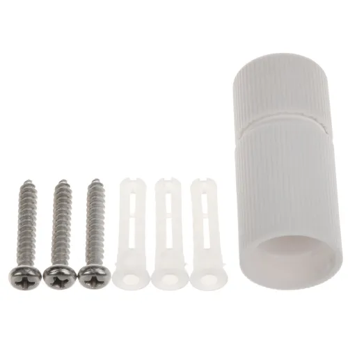 Na zdjęciu znajduje się biały, cylindryczny uchwyt z tworzywa sztucznego oraz trzy metalowe wkręty i trzy plastikowe kołki rozporowe. Elementy te są ułożone na białym tle, co podkreśla ich kształt i detale.