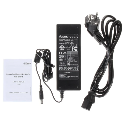 Na zdjęciu znajduje się zasilacz sieciowy Dahua z przewodami oraz instrukcja obsługi dla przełącznika PoE. Zasilacz ma czarną obudowę z białymi oznaczeniami technicznymi, a obok niego leży kabel zasilający z wtyczką.