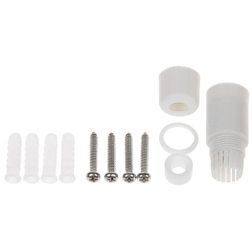 Na zdjęciu znajduje się zestaw montażowy składający się z białych kołków rozporowych, metalowych śrub oraz plastikowych elementów w kolorze białym. Elementy są ułożone na białym tle, co podkreśla ich kształt i strukturę.
