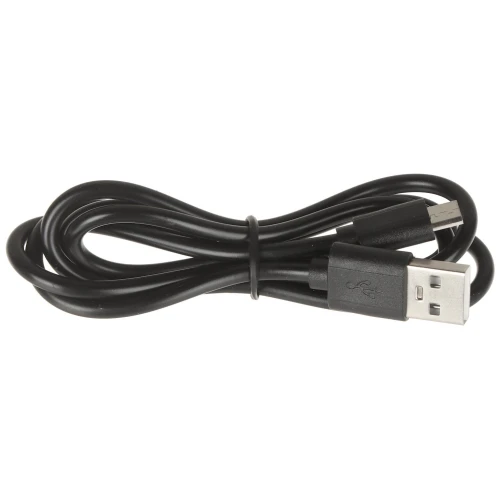 Czarny kabel USB z wtyczką USB-A i micro USB, zwinięty i spięty plastikową opaską. Kabel jest przeznaczony do ładowania i przesyłania danych.