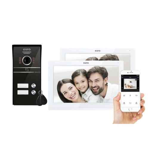 Videotelefon EURA VDP-82C5 - dvojrodinný biely 2x LCD 7'' FHD, podpora 2 vstupov kamera 1080p čítačka RFID povrchová