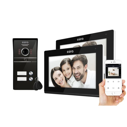 Videotelefon EURA VDP-82C5 - dvojrodinný čierny 2x LCD 7'' FHD podpora 2 vstupov kamera 1080p čítačka RFID povrchová