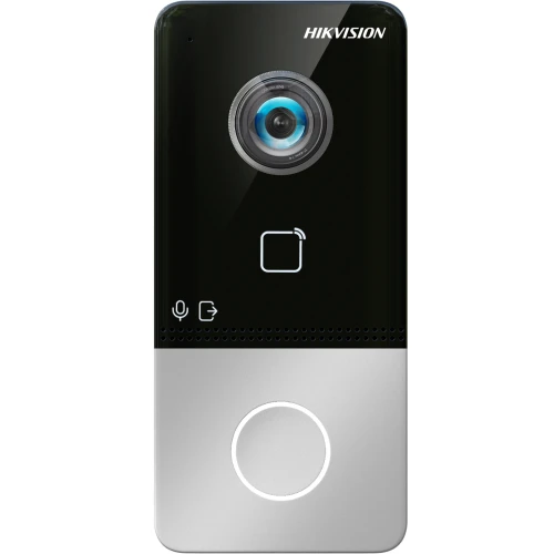 Wideodomofon Hikvision DS-KIS z kamerą o wysokiej rozdzielczości i przyciskiem dzwonka. Urządzenie ma elegancki, nowoczesny design z czarnym i srebrnym wykończeniem.