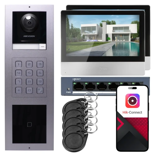 IP videovrátnik Hikvision 2x monitor DS-KH8350-WTE1, povrchová montáž, panel, klávesnica, čítačka