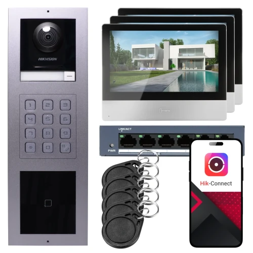 IP videovrátnik Hikvision 3x monitor DS-KH8350-WTE1, povrchová montáž, panel, klávesnica, čítačka