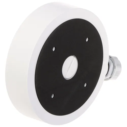 Okrągła, biała podstawa montażowa z czarnym środkiem i czterema otworami montażowymi. Z boku znajduje się złącze kablowe.