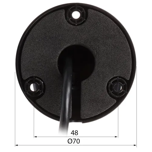 Widok od strony mocowania kamery pokazuje okrągłą podstawę z trzema otworami montażowymi i centralnym otworem na przewód. Średnica podstawy wynosi 70 mm, a odległość między otworami montażowymi to 48 mm.