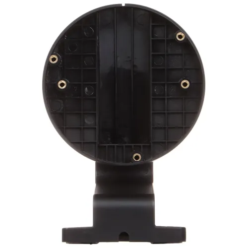 Czarny, okrągły uchwyt kamery z widocznymi otworami montażowymi i siatką strukturalną na tylnej stronie. Uchwyt jest ustawiony pionowo, a jego podstawa jest prostokątna.