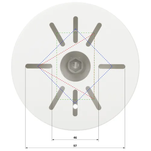 Zdjęcie przedstawia okrągły uchwyt montażowy kamery z centralnym otworem i symetrycznie rozmieszczonymi szczelinami. Na powierzchni uchwytu widoczne są kolorowe linie i wymiary, wskazujące na specyfikacje montażowe.