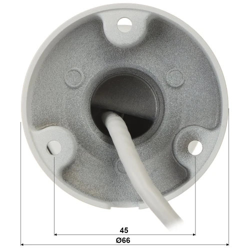 Zdjęcie przedstawia widok od strony mocowania kamery z okrągłą metalową podstawą i trzema otworami montażowymi. Przez środek podstawy przechodzi biały kabel, a na dole widoczne są wymiary: 45 mm i 66 mm.
