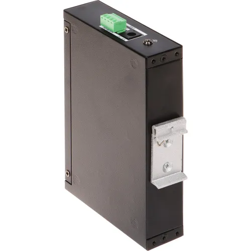 Czarny, prostokątny moduł elektroniczny z metalowym uchwytem montażowym po prawej stronie. Na górze widoczne są złącza, w tym zielony terminal i port Ethernet.