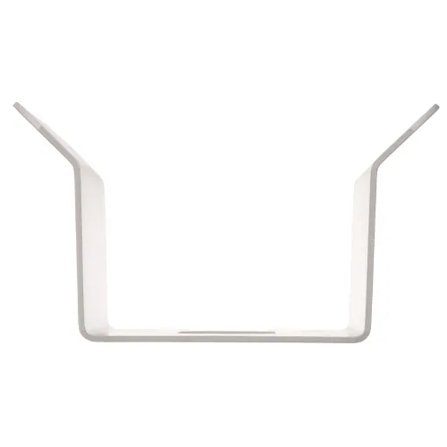 Zdjęcie przedstawia biały, metalowy uchwyt o prostokątnym kształcie z lekko wygiętymi bokami, widziany z góry na białym tle. Uchwyt ma minimalistyczny design i jest przeznaczony do montażu na ścianie.