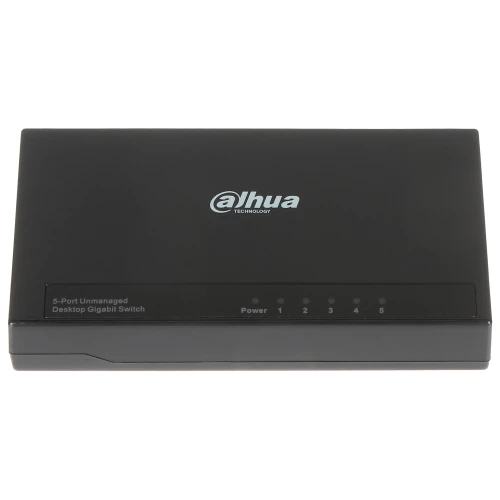Czarny, 5-portowy, niezarządzalny przełącznik gigabitowy marki Dahua z widocznymi diodami LED oznaczającymi status portów. Na obudowie znajduje się logo producenta oraz opis funkcji urządzenia.
