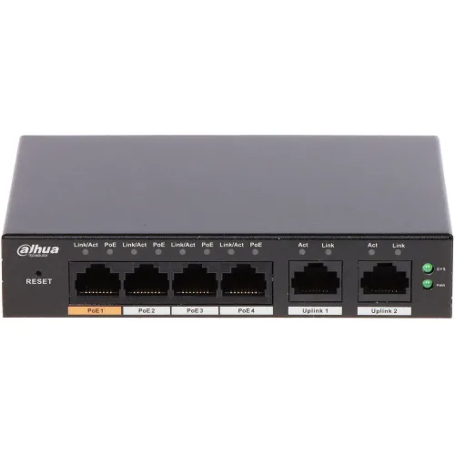 Na zdjęciu znajduje się czarny switch sieciowy Dahua z sześcioma portami RJ-45, z których cztery są oznaczone jako PoE. Na przednim panelu widoczne są również diody LED sygnalizujące stan połączenia i zasilania.