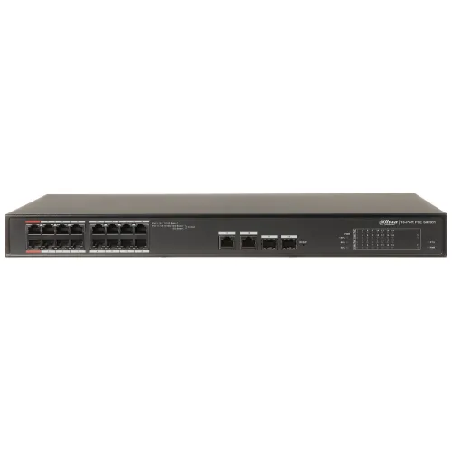 Na zdjęciu znajduje się czarny przełącznik sieciowy z wieloma portami Ethernet z przodu. Urządzenie ma logo producenta w prawym górnym rogu i oznaczenia portów na panelu przednim.