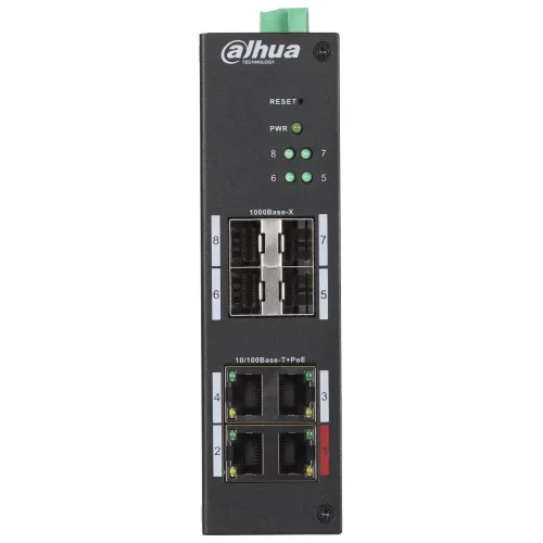 Przemysłowy switch sieciowy Dahua z ośmioma portami, w tym czterema portami 1000Base-X i czterema portami 10/100Base-T z PoE. Na przednim panelu znajdują się diody LED wskazujące status zasilania i połączeń.