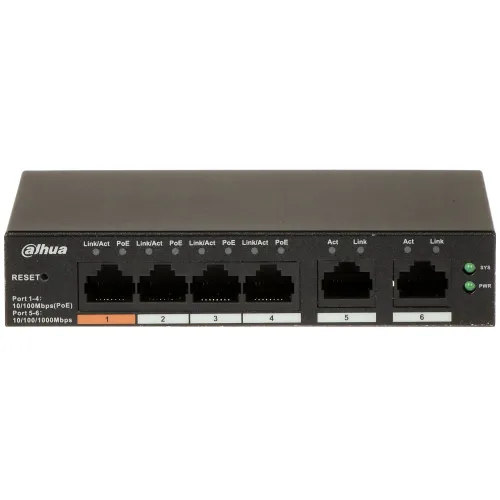 Na zdjęciu znajduje się czarny switch sieciowy Dahua z sześcioma portami Ethernet, z których cztery obsługują PoE. Na przednim panelu widoczne są diody LED sygnalizujące status połączenia oraz zasilania.