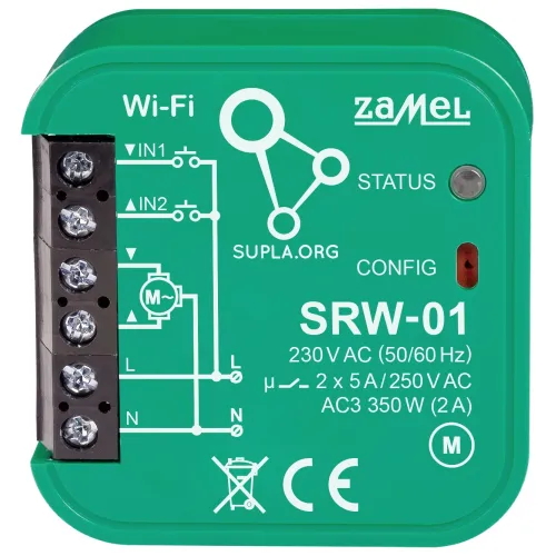 Zdjęcie przedstawia moduł sterujący Zamel SRW-01 z widocznymi złączami i oznaczeniami technicznymi na obudowie. Na urządzeniu znajdują się informacje o zasilaniu, konfiguracji oraz logo producenta.