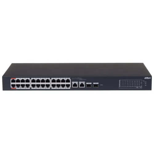 Na zdjęciu znajduje się czarny przełącznik sieciowy z 24 portami Ethernet oraz dodatkowymi portami SFP na przednim panelu. Po prawej stronie widoczny jest panel wskaźników LED oraz logo producenta.
