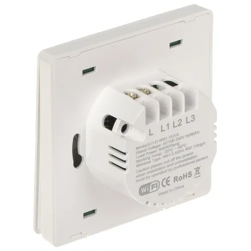 Zdjęcie przedstawia widok z tyłu inteligentnego włącznika ściennego z trzema zaciskami oznaczonymi jako L1, L2 i L3. Na urządzeniu widoczne są również oznaczenia dotyczące specyfikacji technicznych oraz certyfikaty zgodności.