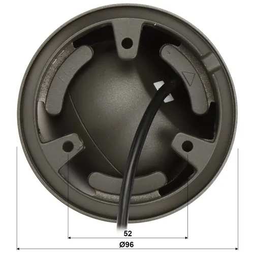 Zdjęcie przedstawia okrągły element montażowy z czterema otworami i przewodem wychodzącym z jego środka. Na dole widoczne są wymiary: średnica 96 mm i głębokość 52 mm.
