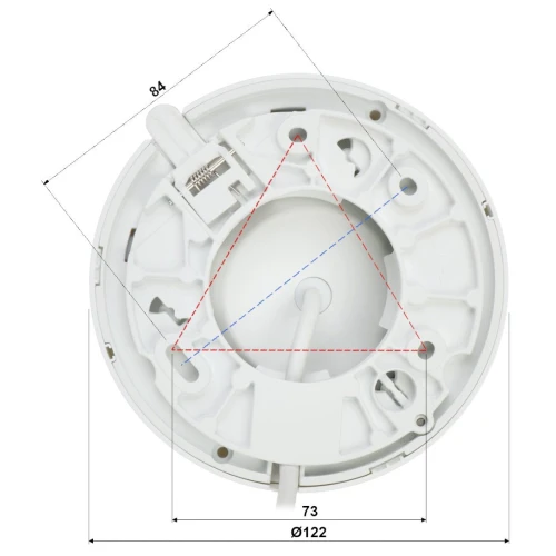 Zdjęcie przedstawia biały okrągły element montażowy z zaznaczonymi wymiarami: średnicą 122 mm, szerokością 73 mm oraz odległością 84 mm. Na powierzchni elementu widoczne są linie pomocnicze tworzące trójkąt oraz otwory montażowe.