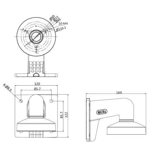 Schemat techniczny uchwytu ściennego z wymiarami w milimetrach, przedstawiający widok z przodu, z boku i z góry. Zawiera szczegółowe oznaczenia dotyczące średnic otworów montażowych oraz odległości między elementami.