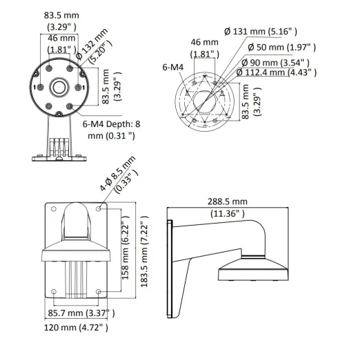 Schemat przedstawia wymiary kamery monitoringu z trzema widokami: z przodu, z boku i z góry. Wymiary podane są w milimetrach i calach, a rysunki zawierają szczegóły dotyczące montażu i rozmiarów poszczególnych elementów.
