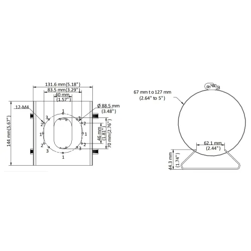 Schemat przedstawia wymiary urządzenia z widokiem z przodu i z boku, z podanymi wartościami w milimetrach i calach. Zawiera szczegółowe oznaczenia dotyczące otworów montażowych i rozmiarów obudowy.
