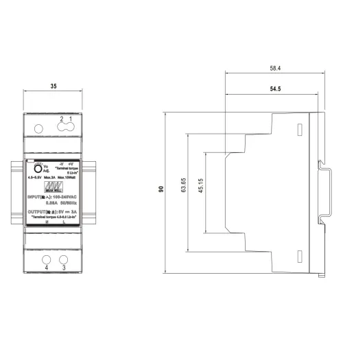 Schemat przedstawia wymiary urządzenia elektrycznego montowanego na szynie DIN, z widokiem z przodu i z boku. Wymiary to 90 mm wysokości, 35 mm szerokości i 58,4 mm głębokości.