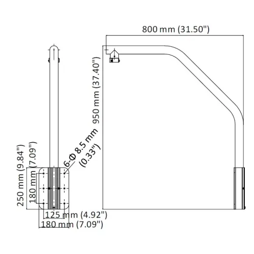 Schemat przedstawia wymiary metalowego uchwytu o kształcie litery "L" z zaznaczonymi długościami w milimetrach i calach. Uchwyt ma wysokość 950 mm, długość 800 mm oraz podstawę o wymiarach 250 mm na 180 mm.