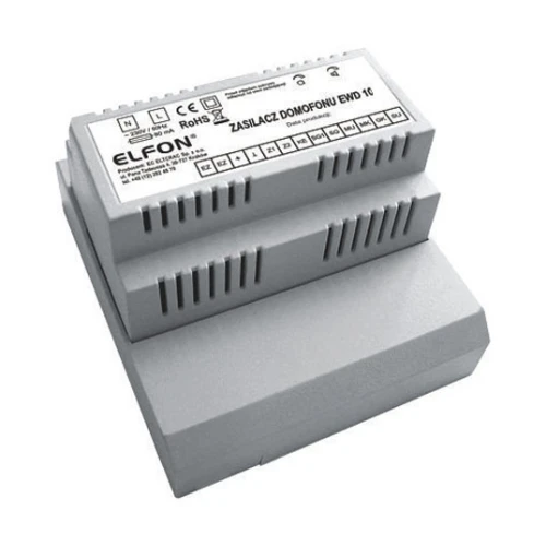 Szary zasilacz domofonu EWD 10 marki Elfon z widocznymi oznaczeniami technicznymi i certyfikatami na górnej części obudowy. Urządzenie ma prostokątny kształt z otworami wentylacyjnymi po bokach.