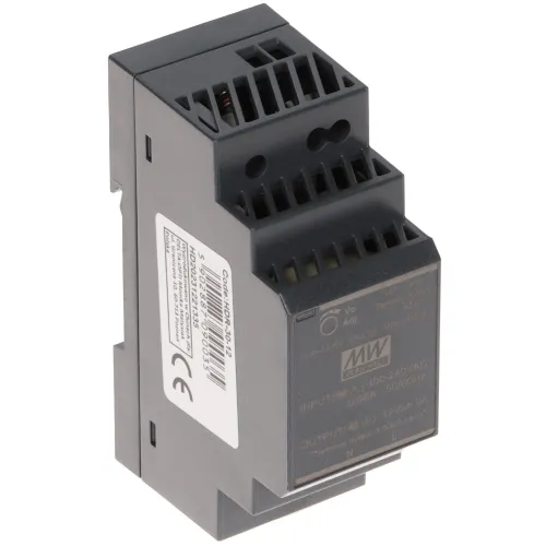 Zasilacz impulsowy HDR-30-12 Mean Well w obudowie montażowej na szynę DIN, z widocznymi oznaczeniami technicznymi i logo producenta. Urządzenie jest w kolorze szarym z czarnymi elementami wentylacyjnymi.