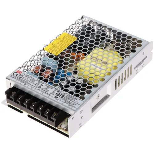 Zasilacz impulsowy LRS-150-12 Mean Well z metalową obudową o strukturze plastra miodu. Widoczne są oznaczenia techniczne oraz złącza na przedniej części urządzenia.