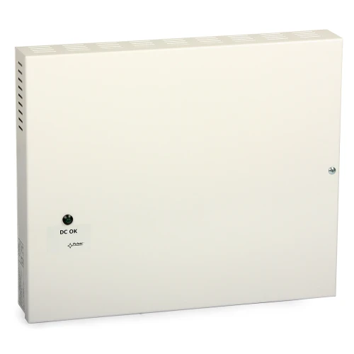 Prostokątna, metalowa obudowa zasilacza impulsowego w kolorze białym z widocznym wskaźnikiem "DC OK" na przedniej stronie. Obudowa posiada otwory wentylacyjne na górnej krawędzi oraz pojedynczą śrubę mocującą.